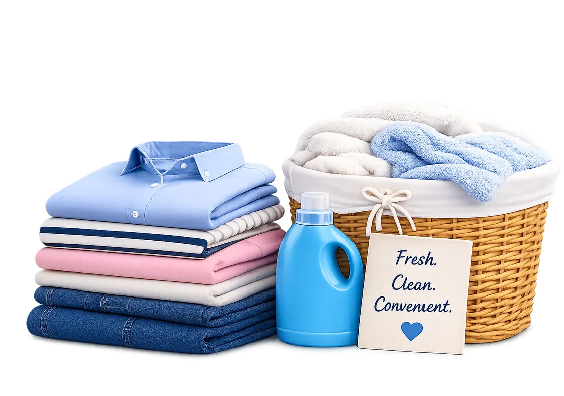 A stack of freshly washed, neatly folded clothes beside a bottle of detergent and a basket of towels with a sign reading Fresh. Clean. Convenient.